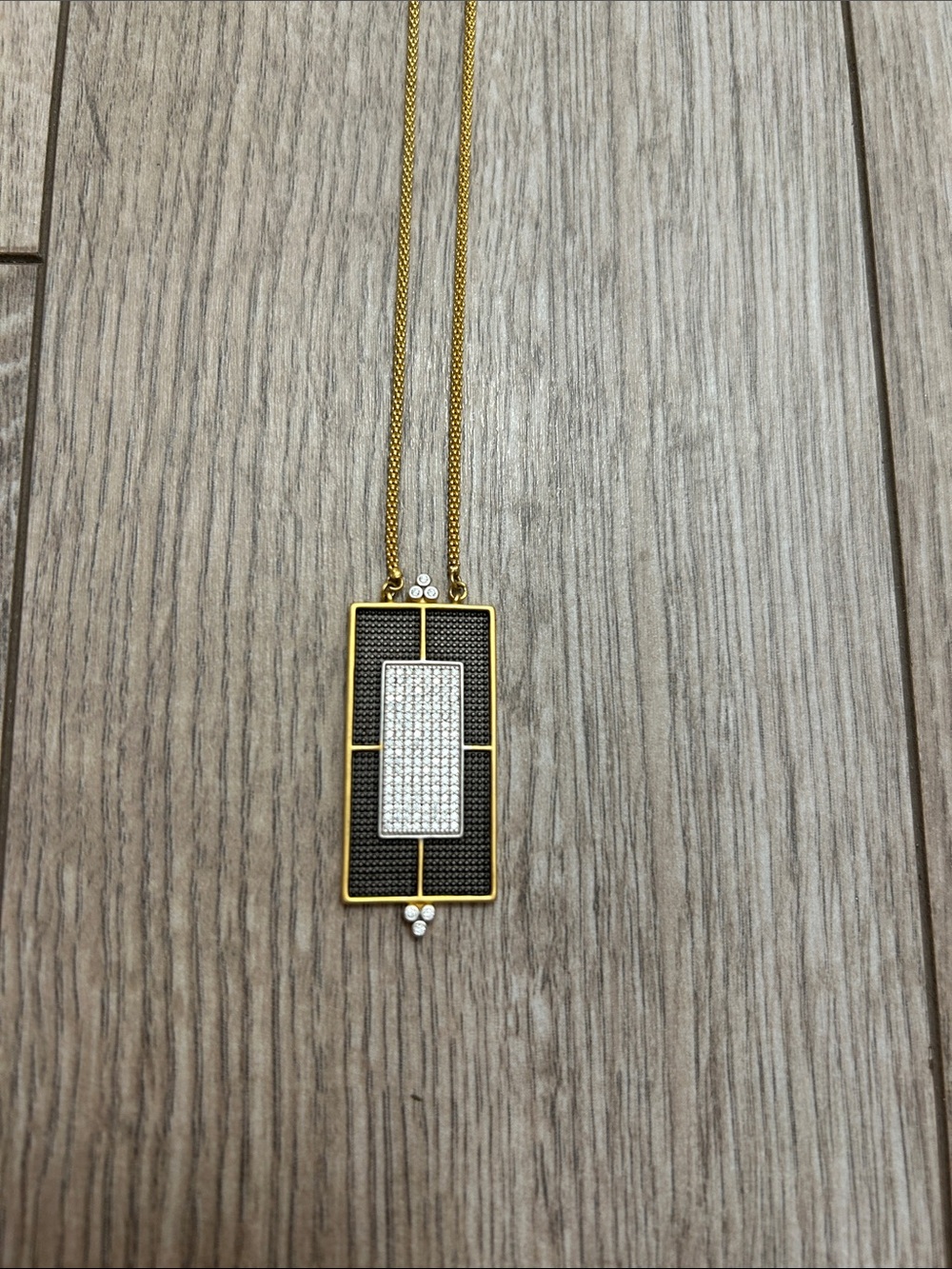 Freida Rothman Gold Rectangular Pave Pendant Necklace Black Silver Sparkle 925